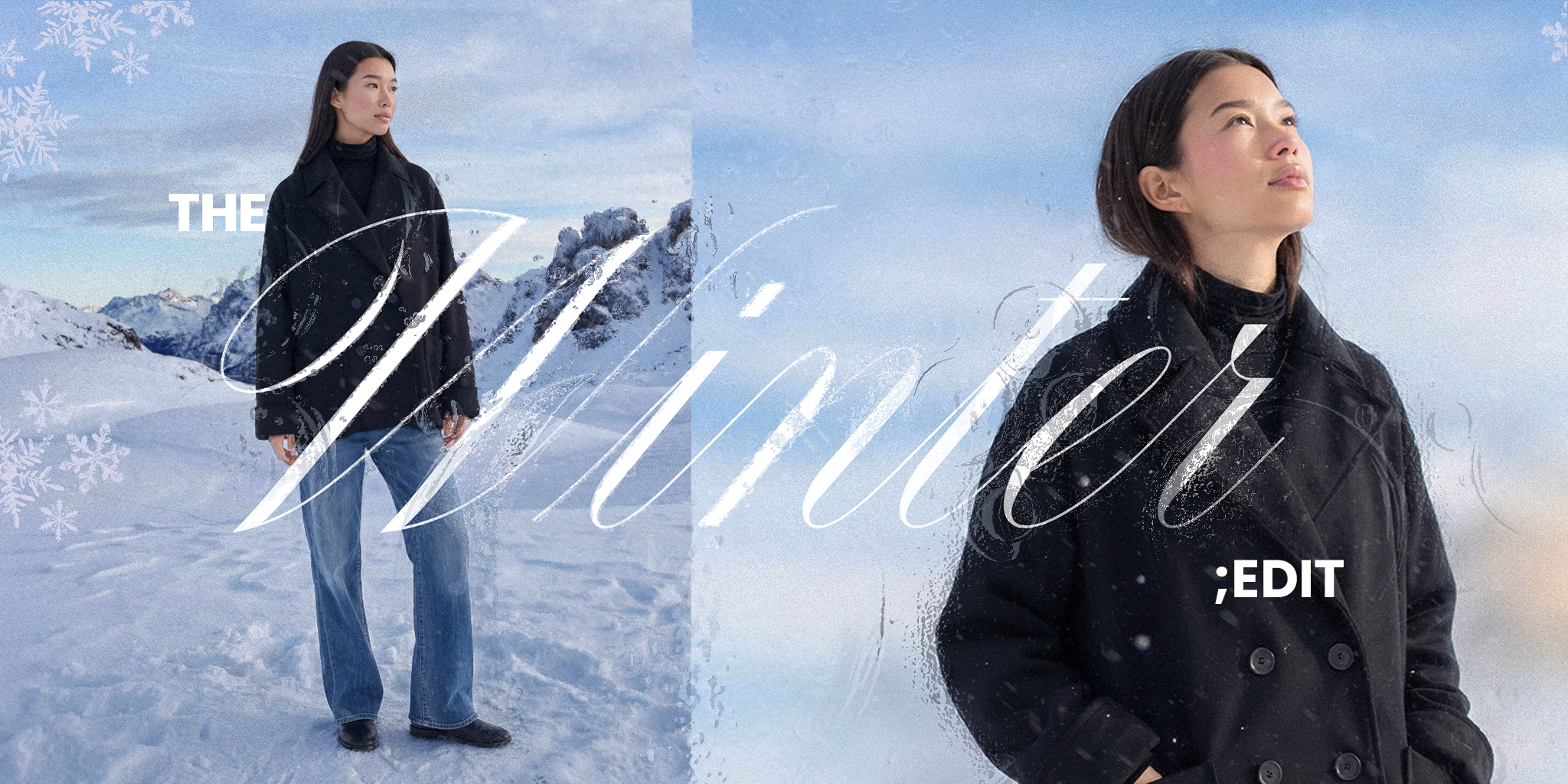 Winter-Set: Model im schwarzen Mantel im Schnee, links Ganzkörper, rechts Nahaufnahme; darüber „The Winter Edit“.