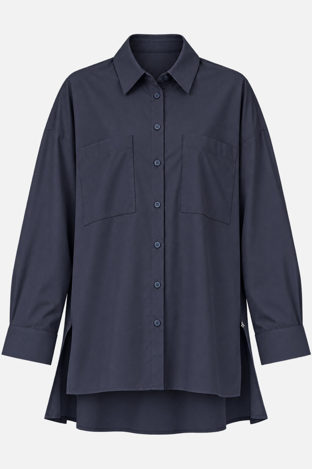 LEA.K Navy Popeline-Bluse mit verlaengertem Ruecken und tiefen Seitenschlitzen - Freisteller
